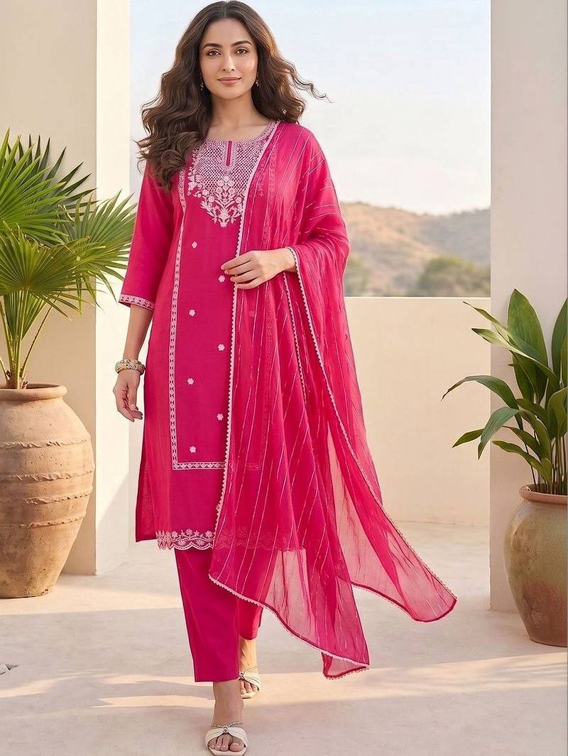 Women Ethnic Motifs Embroidered Regular Thread Work Kurta with Trousers & With Dupatta