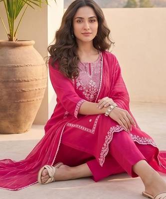 Women Ethnic Motifs Embroidered Regular Thread Work Kurta with Trousers & With Dupatta 2