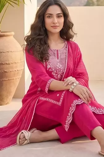 Women Ethnic Motifs Embroidered Regular Thread Work Kurta with Trousers & With Dupatta