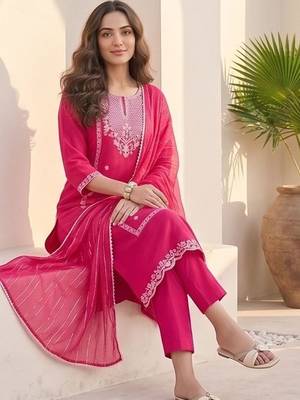 Women Ethnic Motifs Embroidered Regular Thread Work Kurta with Trousers & With Dupatta 7