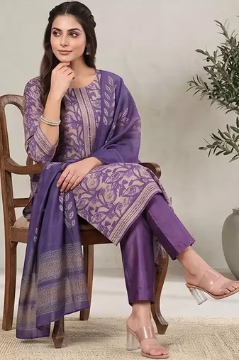 Women Ethnic Motifs Printed Regular Chanderi Silk Kurta with Trousers & With Dupatta