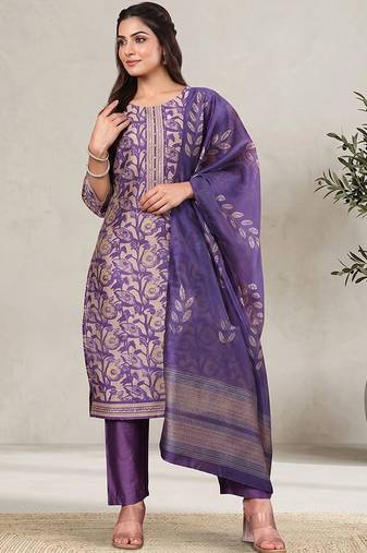 Women Ethnic Motifs Printed Regular Chanderi Silk Kurta with Trousers & With Dupatta