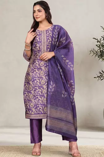 Women Ethnic Motifs Printed Regular Chanderi Silk Kurta with Trousers & With Dupatta