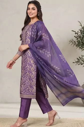 Women Ethnic Motifs Printed Regular Chanderi Silk Kurta with Trousers & With Dupatta
