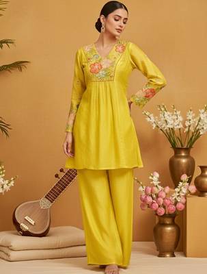 Women Embroidered Regular Thread Work Chanderi Cotton Kurta with Palazzos 1