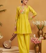 Women Embroidered Regular Thread Work Chanderi Cotton Kurta with Palazzos
