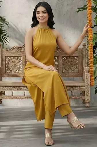 Women Ethnic Motifs Embroidered Regular Thread Work Silk Georgette Kurta with Trousers