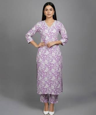 Women Floral Printed Regular  Cotton Kurta with Trousers & With Dupatta 1