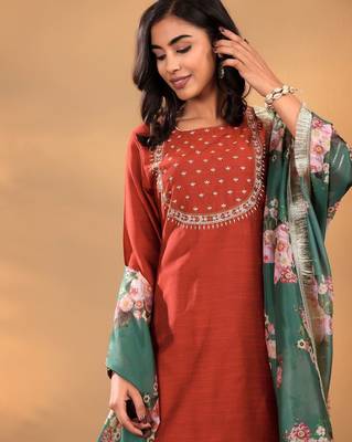 Maroon Floral Yoke Design Thread Work Straight Kurta With Trousers & Dupatta 1