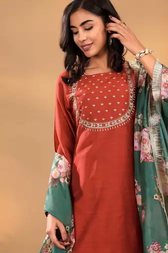 Maroon Floral Yoke Design Thread Work Straight Kurta With Trousers & Dupatta