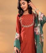 Maroon Floral Yoke Design Thread Work Straight Kurta With Trousers & Dupatta