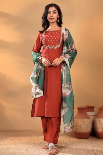 Maroon Floral Yoke Design Thread Work Straight Kurta With Trousers & Dupatta