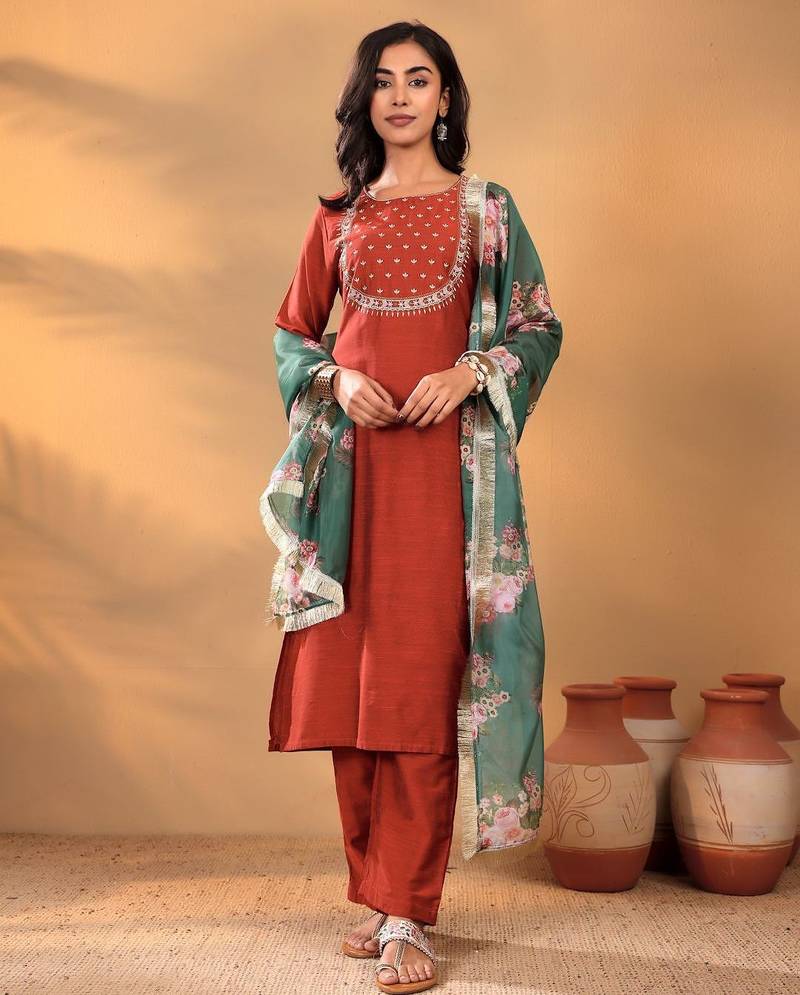 Maroon Floral Yoke Design Thread Work Straight Kurta With Trousers & Dupatta