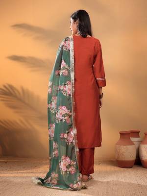 Maroon Floral Yoke Design Thread Work Straight Kurta With Trousers & Dupatta 4
