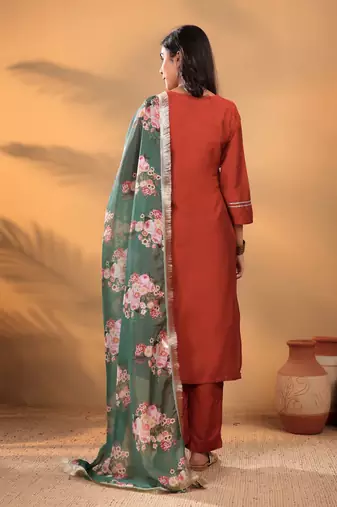 Maroon Floral Yoke Design Thread Work Straight Kurta With Trousers & Dupatta