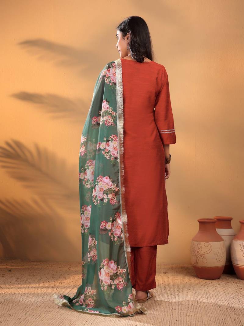Maroon Floral Yoke Design Thread Work Straight Kurta With Trousers & Dupatta