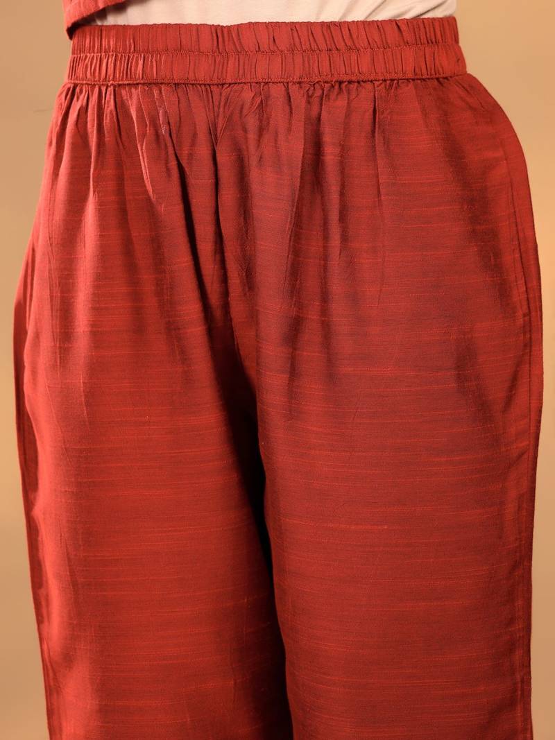 Maroon Floral Yoke Design Thread Work Straight Kurta With Trousers & Dupatta