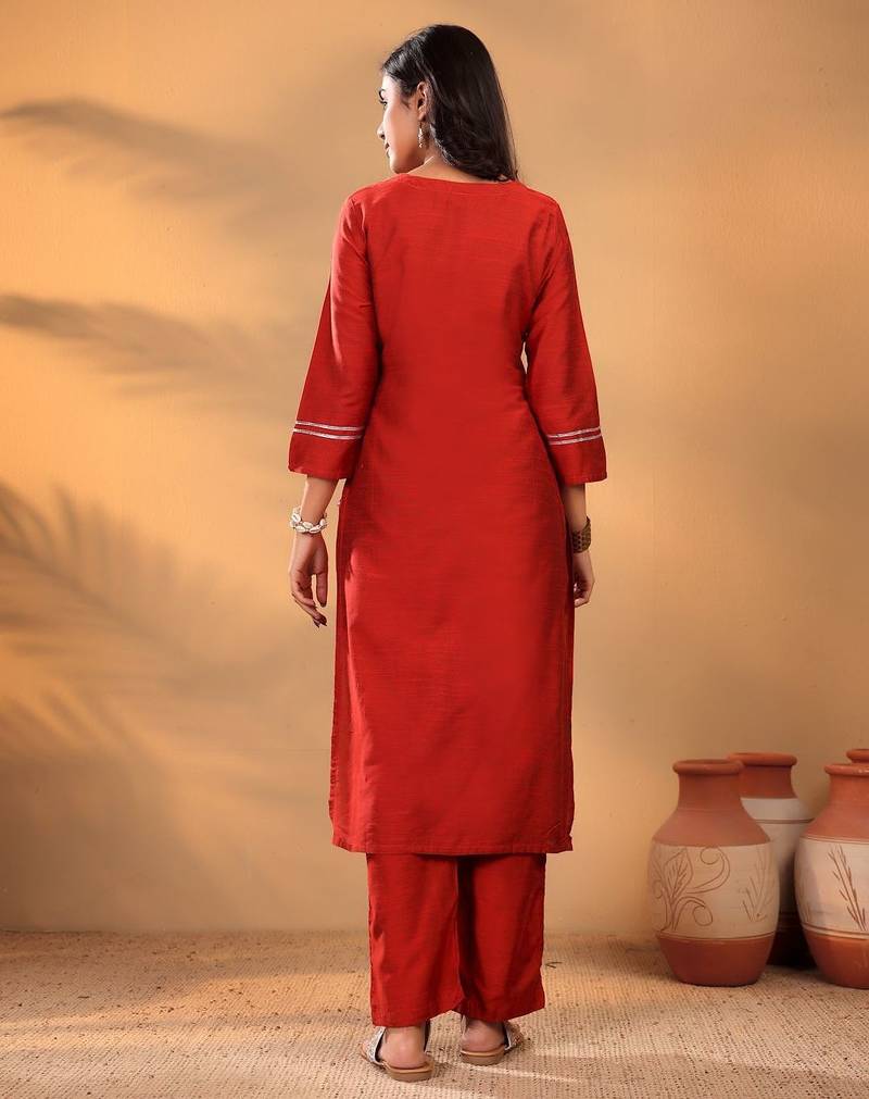 Maroon Floral Yoke Design Thread Work Straight Kurta With Trousers & Dupatta