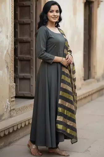 Women Embroidered Tiered Thread Work Kurta with Trousers & With Dupatta