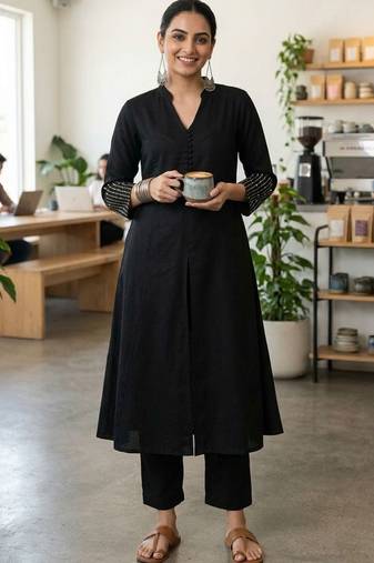 Mandarin Collar A-Line Kurta With Trousers