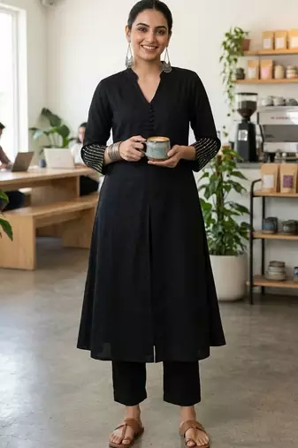 Mandarin Collar A-Line Kurta With Trousers