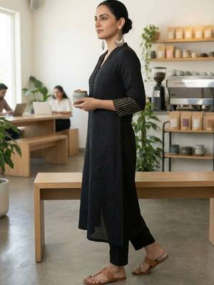 Mandarin Collar A-Line Kurta With Trousers 3