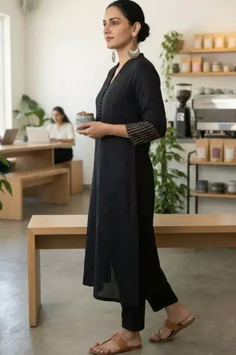 Mandarin Collar A-Line Kurta With Trousers