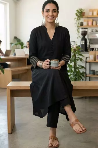 Mandarin Collar A-Line Kurta With Trousers