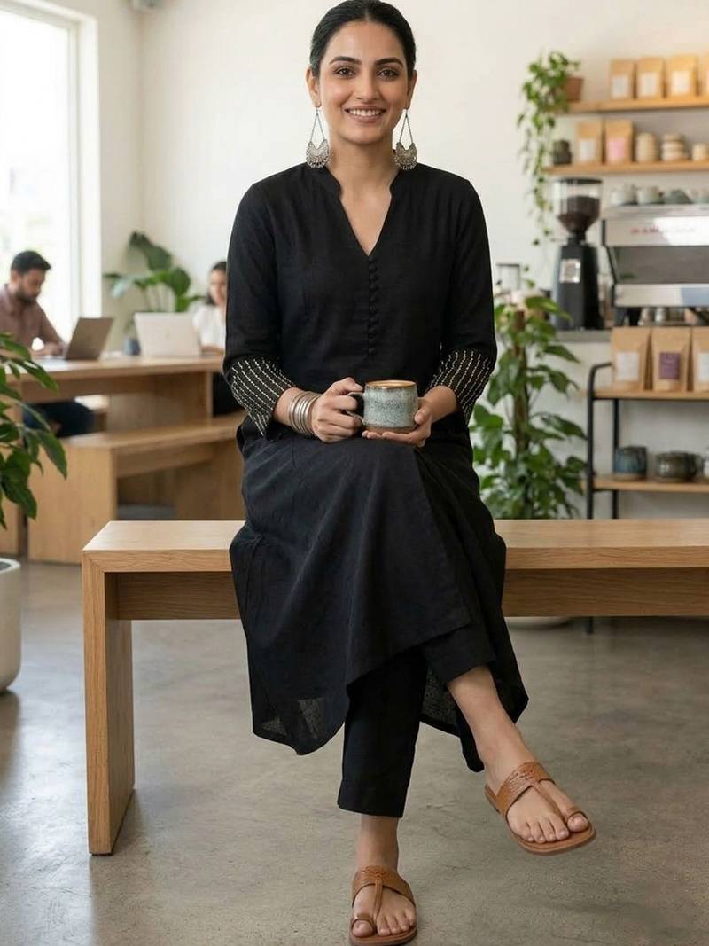 Mandarin Collar A-Line Kurta With Trousers