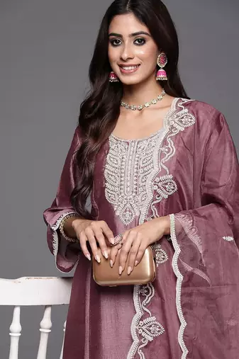 Women Embroidered Regular Sequined Kurta with Trousers & Dupatta
