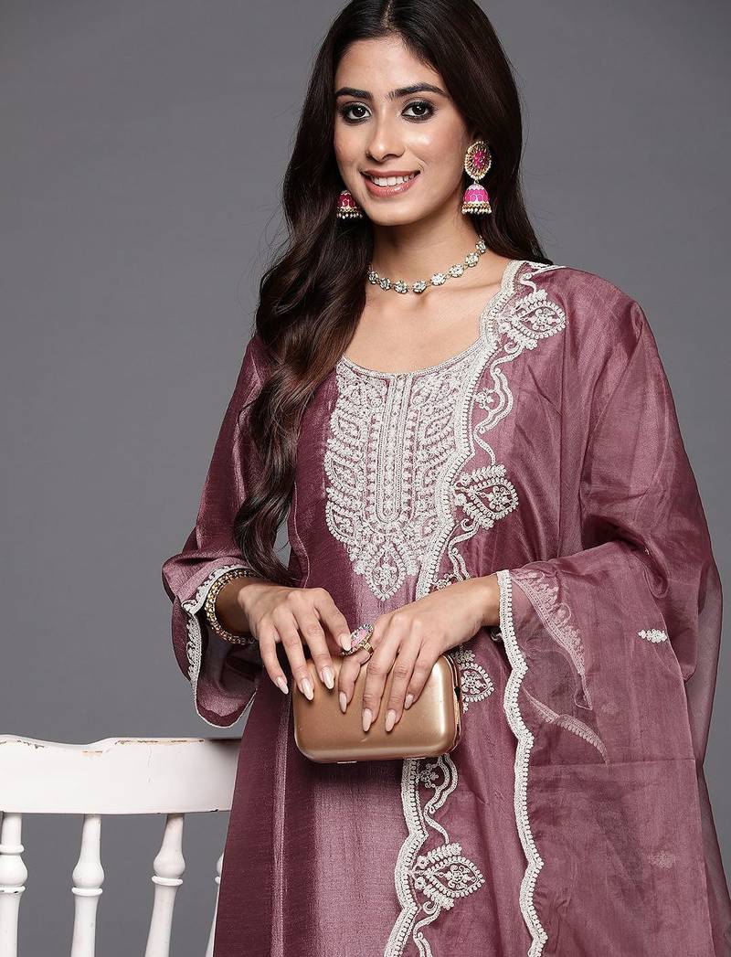 Women Embroidered Regular Sequined Kurta with Trousers & Dupatta