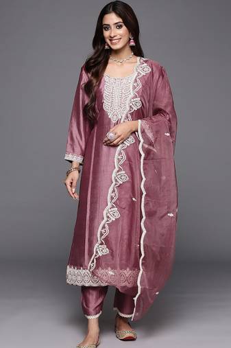 Women Embroidered Regular Sequined Kurta with Trousers & Dupatta