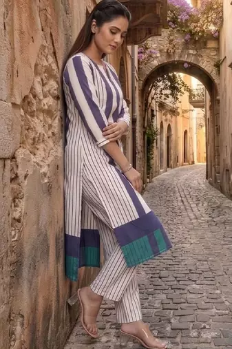 Women Striped Regular Kurta with Trousers