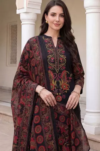 Women Ethnic Motifs Embroidered Regular Thread Work  Cotton Kurta with Trousers & With Dupatta