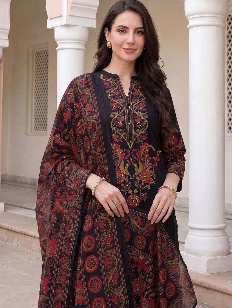 Women Ethnic Motifs Embroidered Regular Thread Work  Cotton Kurta with Trousers & With Dupatta