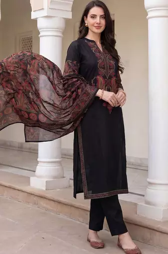 Women Ethnic Motifs Embroidered Regular Thread Work  Cotton Kurta with Trousers & With Dupatta