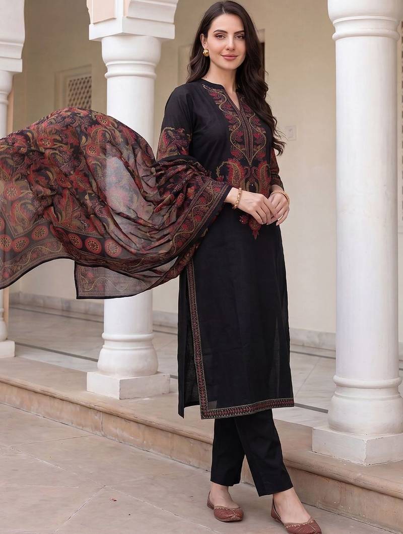 Women Ethnic Motifs Embroidered Regular Thread Work  Cotton Kurta with Trousers & With Dupatta