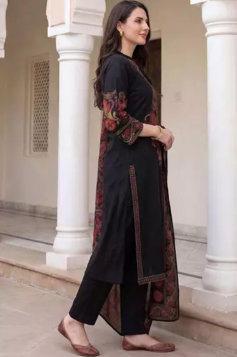 Women Ethnic Motifs Embroidered Regular Thread Work  Cotton Kurta with Trousers & With Dupatta