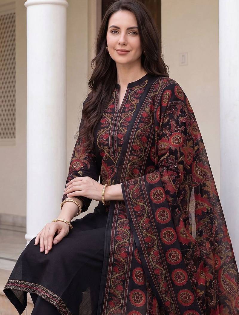 Women Ethnic Motifs Embroidered Regular Thread Work  Cotton Kurta with Trousers & With Dupatta
