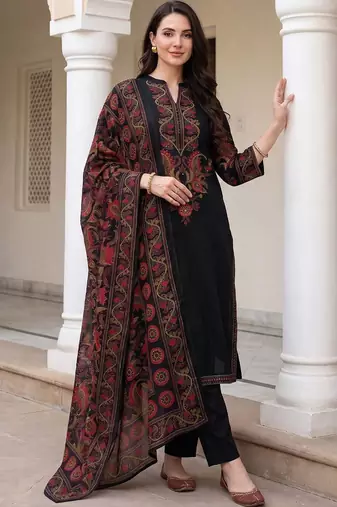 Women Ethnic Motifs Embroidered Regular Thread Work  Cotton Kurta with Trousers & With Dupatta