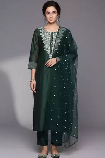 Women Ethnic Motifs Embroidered Regular Sequinned Chanderi Silk Kurta with Trousers & With Dupatta