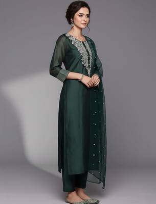 Women Ethnic Motifs Embroidered Regular Sequinned Chanderi Silk Kurta with Trousers & With Dupatta 3