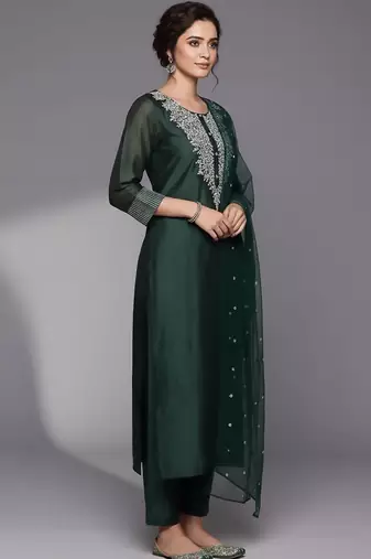 Women Ethnic Motifs Embroidered Regular Sequinned Chanderi Silk Kurta with Trousers & With Dupatta