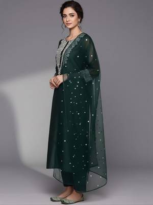 Women Ethnic Motifs Embroidered Regular Sequinned Chanderi Silk Kurta with Trousers & With Dupatta 4