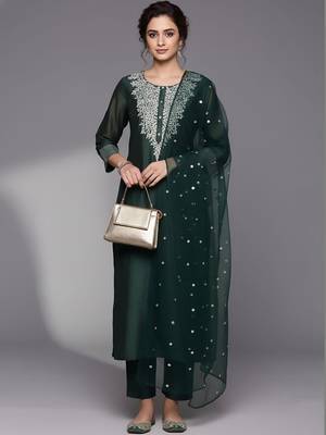 Women Ethnic Motifs Embroidered Regular Sequinned Chanderi Silk Kurta with Trousers & With Dupatta 6