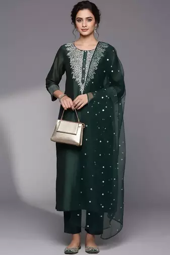 Women Ethnic Motifs Embroidered Regular Sequinned Chanderi Silk Kurta with Trousers & With Dupatta