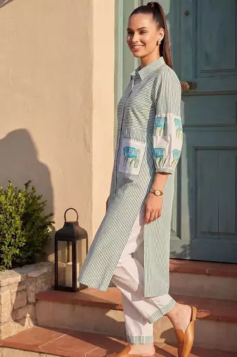 Women Striped Regular Pure Cotton Kurta with Trousers