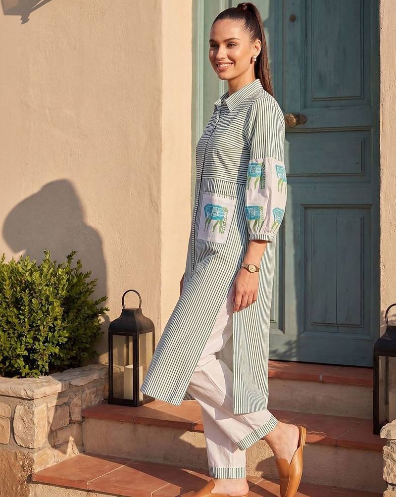 Women Striped Regular Pure Cotton Kurta with Trousers