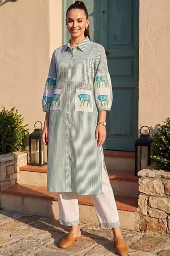 Women Striped Regular Pure Cotton Kurta with Trousers