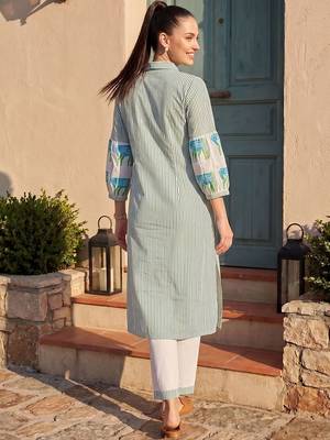 Women Striped Regular Pure Cotton Kurta with Trousers 6